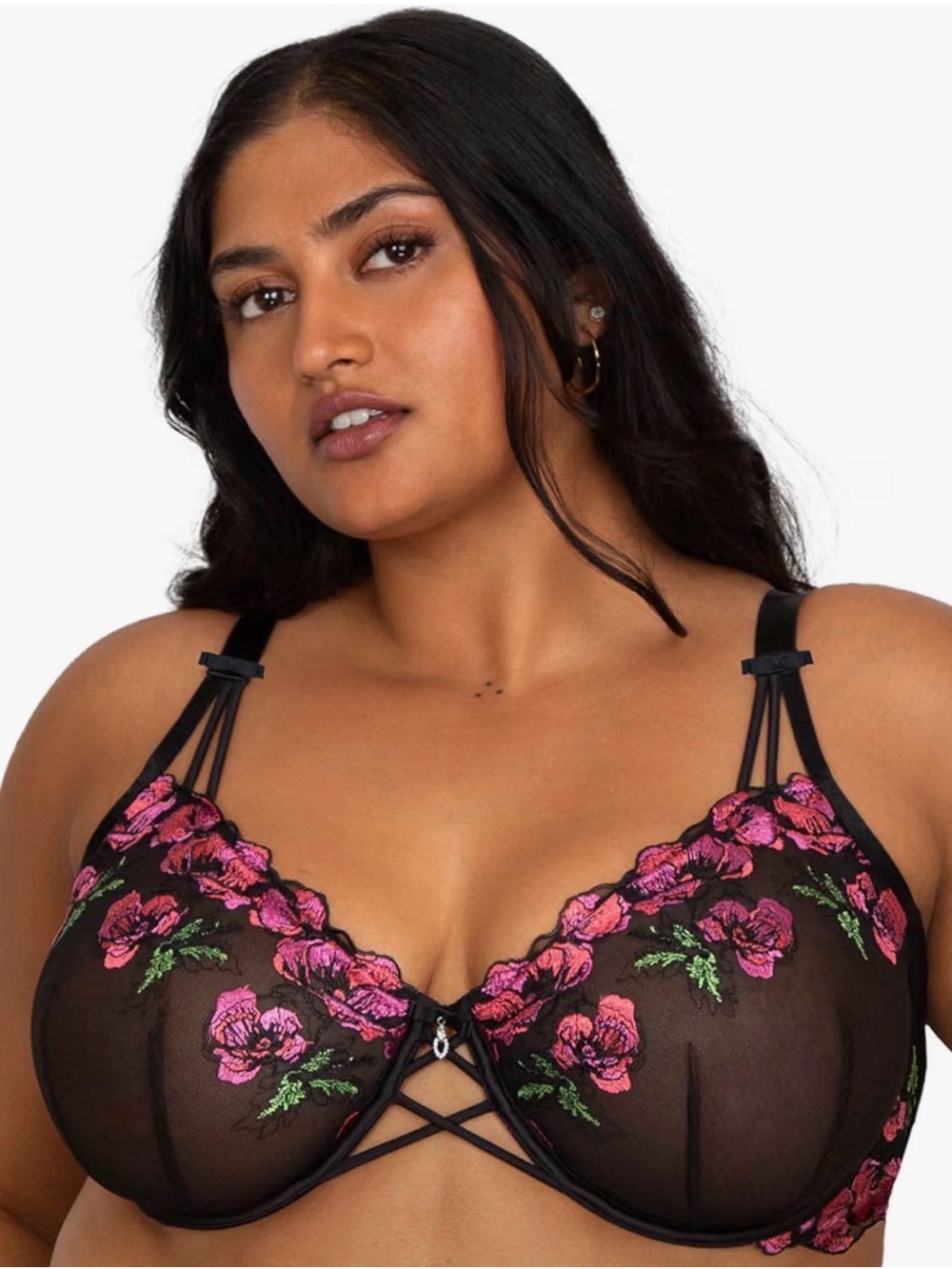 Curvy Couture Sheer Black Floral Embroidered BalconetteUnderwire Bra